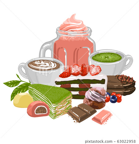 Sweet coffee, matcha tea and milkshake surrounded by different desserts Sweet coffee, matcha tea and milkshake surrounded by different desserts 63022958