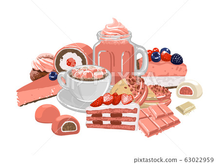 Sweet strawberry taste drinks surrounded by different pastries. Sweet strawberry taste drinks surrounded by different pastries. 63022959