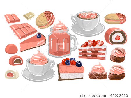 Set of sweet strawberry drinks and pastries 63022960