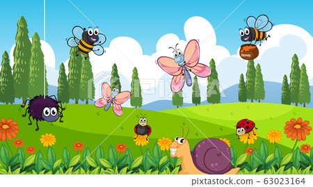 Nature scene background with many insects in the - Stock Illustration ...