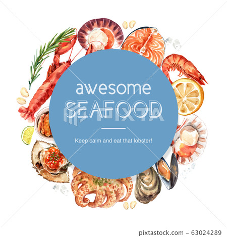 Seafood wreath design with crab, fish, oyster, Seafood wreath design with crab, fish, oyster, 63024289