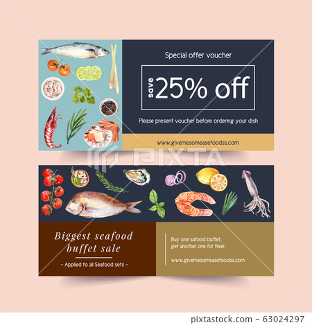 Seafood voucher design with shrimp, shell, fish, 63024297