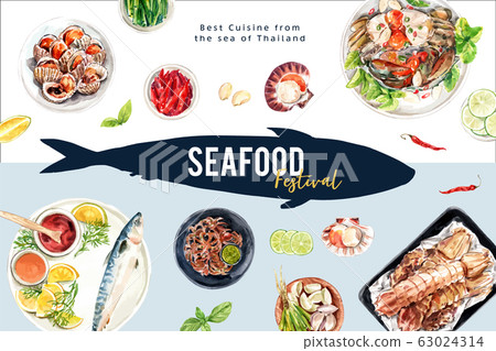 Seafood frame design with fish, crab, cockle 63024314
