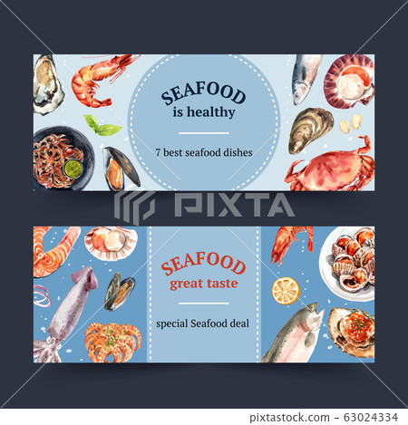 Seafood banner design with cockle, crab, fish, Seafood banner design with cockle, crab, fish, 63024334