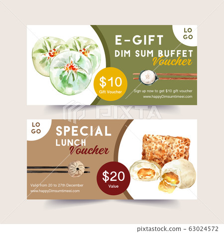 Dim sum voucher design with steamed bun watercolor - Stock Illustration ...