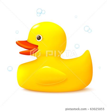 Cute bath toy yellow rubber duck side view. Cute bath toy yellow rubber duck side view. 63025855