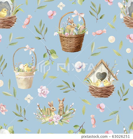 Watercolor Easter seamless pattern with birdhouse and baby chickens Watercolor Easter seamless pattern with birdhouse and baby chickens 63026251
