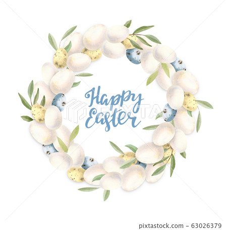 Watercolor hand painted Easter egg wreath - white and colored eggs 63026379
