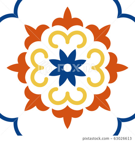 Mexican talavera tile pattern. Ornament in traditional style from Puebla on white background. Floral ceramic composition with flower, dot and leaves. Folk art design from Mexico. 63026613