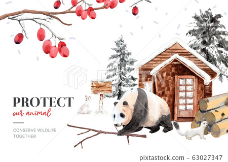 Winter animal frame design with ermine, panda 63027347