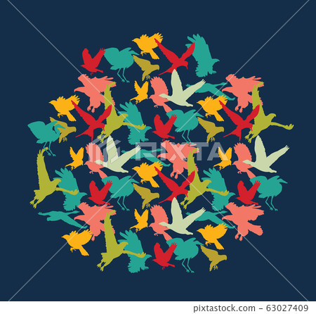 Bright birds color silhouettes round in squear on dark blue Bright birds color silhouettes round in squear on dark blue 63027409