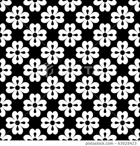Vector seamless pattern. Geometric abstract flower, leaves. Floral elements on black background. Seamless backdrop for greeting cards, banners, prints on clothing, on fabrics, packaging design etc. 63028423