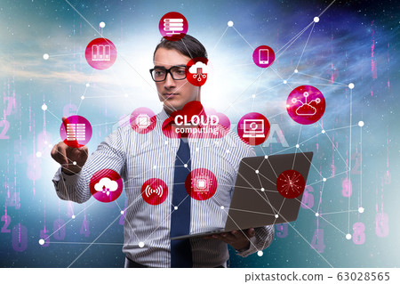 Cloud computing concept with woman pressing buttons 63028565
