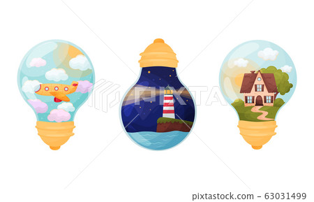 Landscapes and Scenes Inside Glass Bulb Vector Set Landscapes and Scenes Inside Glass Bulb Vector Set 63031499