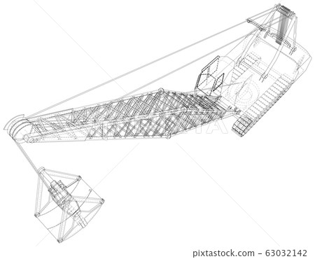 Dragline excavator. The layers of visible and invisible lines are separated. The layers of visible and invisible lines are separated. Wire-frame outline 63032142
