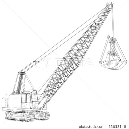 Dragline for used coal mining. Bucket is massive. The layers of visible and invisible lines are separated. Wire-frame 63032146