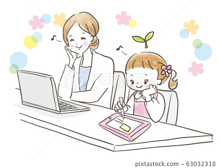 Tablet learning girl mother working pastel drawing 63032318