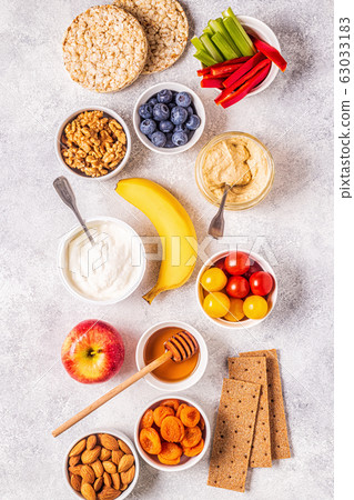 Healthy snack concept, top view. Healthy snack concept, top view. 63033183