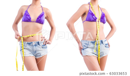Woman in bikini in diet concept isolated on white 63033653