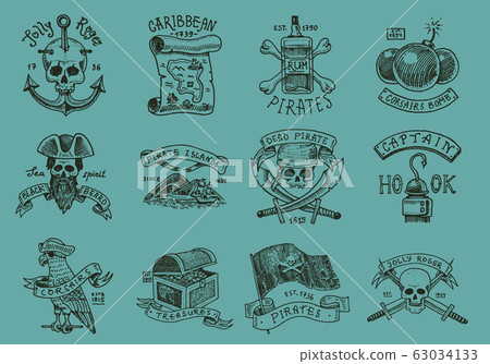Set of pirate labels. Corsairs, skull at anchor, map to treasure, military black beard, Caribbean 63034133