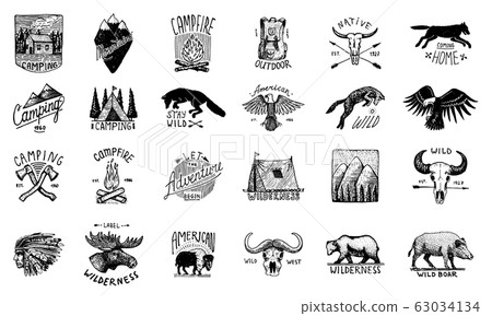 Set of camping labels or badges. Hiking or hunting emblems and outdoor adventure elements collection Set of camping labels or badges. Hiking or hunting emblems and outdoor adventure elements collection 63034134