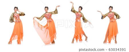Woman in orange dress isolated on white 63034391
