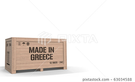 Wooden crate with printed MADE IN GREECE text isolated on light background. Greek industrial production related 3D rendering 63034588
