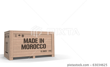 Large wooden crate with MADE IN MOROCCO text on white background. Moroccan industrial production related 3D rendering 63034625