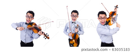 Funny man with violin on white Funny man with violin on white 63035183