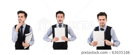Office employee holding paper isolated on white 63035186
