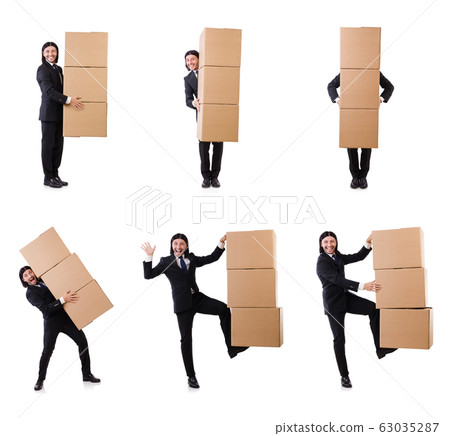Funny man with boxes on white Funny man with boxes on white 63035287