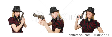 Young woman gangster with gun on white 63035434
