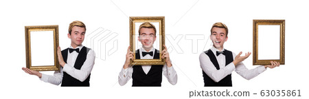 Guy with photo frame isolated on white Guy with photo frame isolated on white 63035861