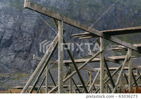 Empty norwegian fish dryers on Lofoten Islands Empty norwegian fish dryers on Lofoten Islands 63036273