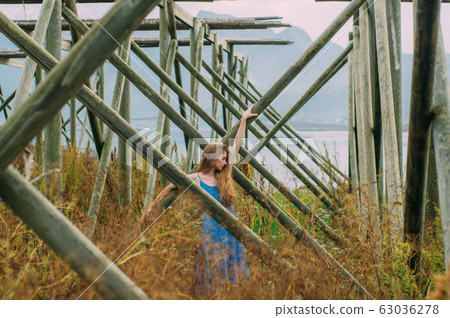 Young woman in blue dress holding tree trunk, 63036278