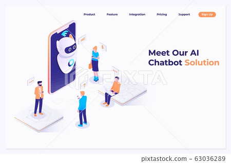 Mans and women chatting with chatbot application. AI and business IOT concept. Vector isometric illustration 63036289