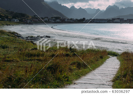 Beautiful view to white sand beach in Ramberg on Beautiful view to white sand beach in Ramberg on 63036297