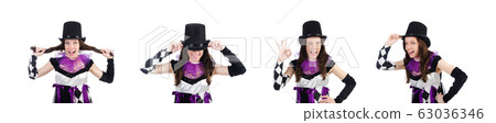 Pretty girl in jester costume isolated on white Pretty girl in jester costume isolated on white 63036346
