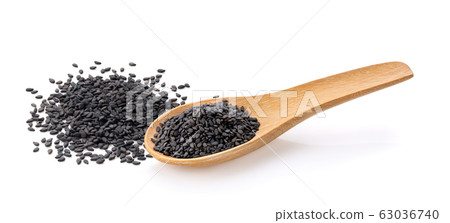 black sesame in wood spoon isolated on white black sesame in wood spoon isolated on white 63036740
