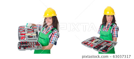 Young woman with toolkit on white 63037317