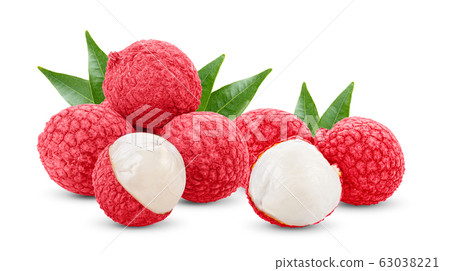 Lychee with leaves isolated on white background Lychee with leaves isolated on white background 63038221