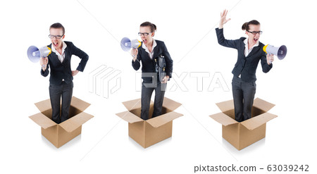 Woman businesswoman with loudspeaker inthe box Woman businesswoman with loudspeaker inthe box 63039242