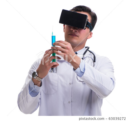 Doctor wearing a vr virtual reality headset isolated on white ba Doctor wearing a vr virtual reality headset isolated on white ba 63039272
