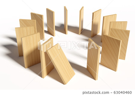 Domino effect concept with wooden pieces - 3d rendering Domino effect concept with wooden pieces - 3d rendering 63040460