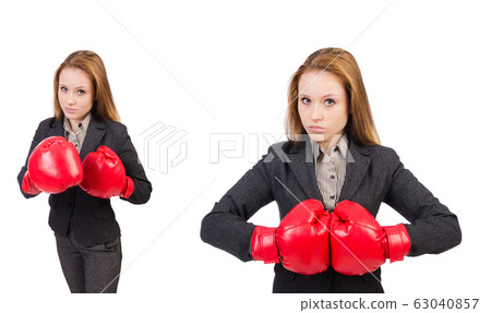 Woman businesswoman with boxing gloves on white Woman businesswoman with boxing gloves on white 63040857