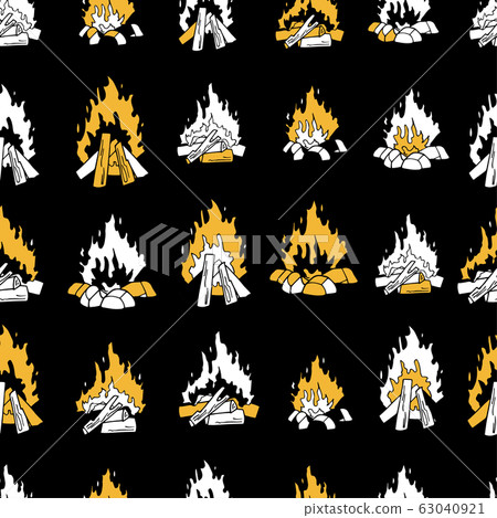 Modern vector seamless pattern with burning fire on a black background. Isolated bonfire illustrations. Endless texture in golden black and white colors. 63040921