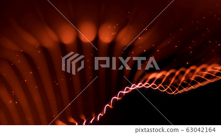 abstract sci-fi background with glow particles form curved lines, surfaces, hologram structures or virtual digital space. Red motion design background of microworld or cosmic space. Strings 33 63042164