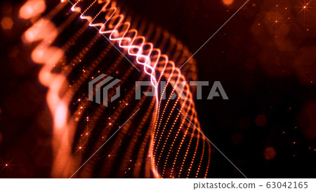abstract sci-fi background with glow particles form curved lines, surfaces, hologram structures or virtual digital space. Red motion design background of microworld or cosmic space. Strings 28 63042165