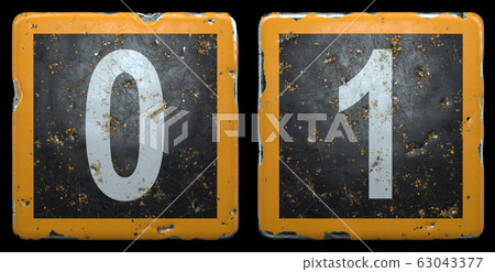 Public road sign orange and black color with a set of numbers 0, 1 in the center isolated on black background. 3d Public road sign orange and black color with a set of numbers 0, 1 in the center isolated on black background. 3d 63043377