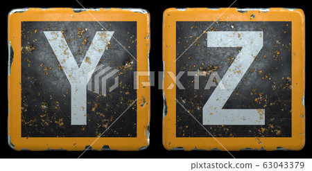 Public road sign orange and black color with a capital set of letters Y, Z in the center isolated on black background. 3d 63043379